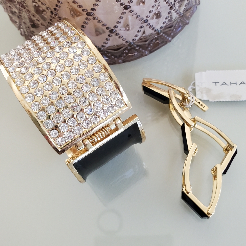 SET of 2 BRACELETS Gold & Black Tahari & Gold Cuff with Rhinestones